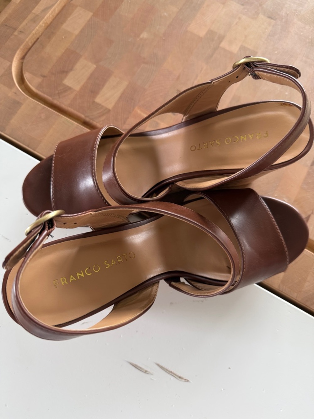 Franco Sarto Brown Leather Open-Toe Slingback Heels